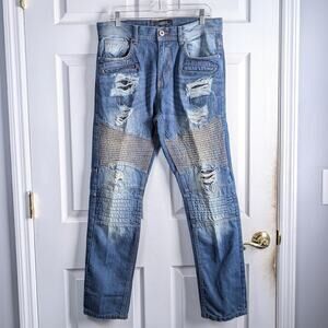 DASH Premium Denim Distressed Moto Jeans - Medium Wash - Size 34x30